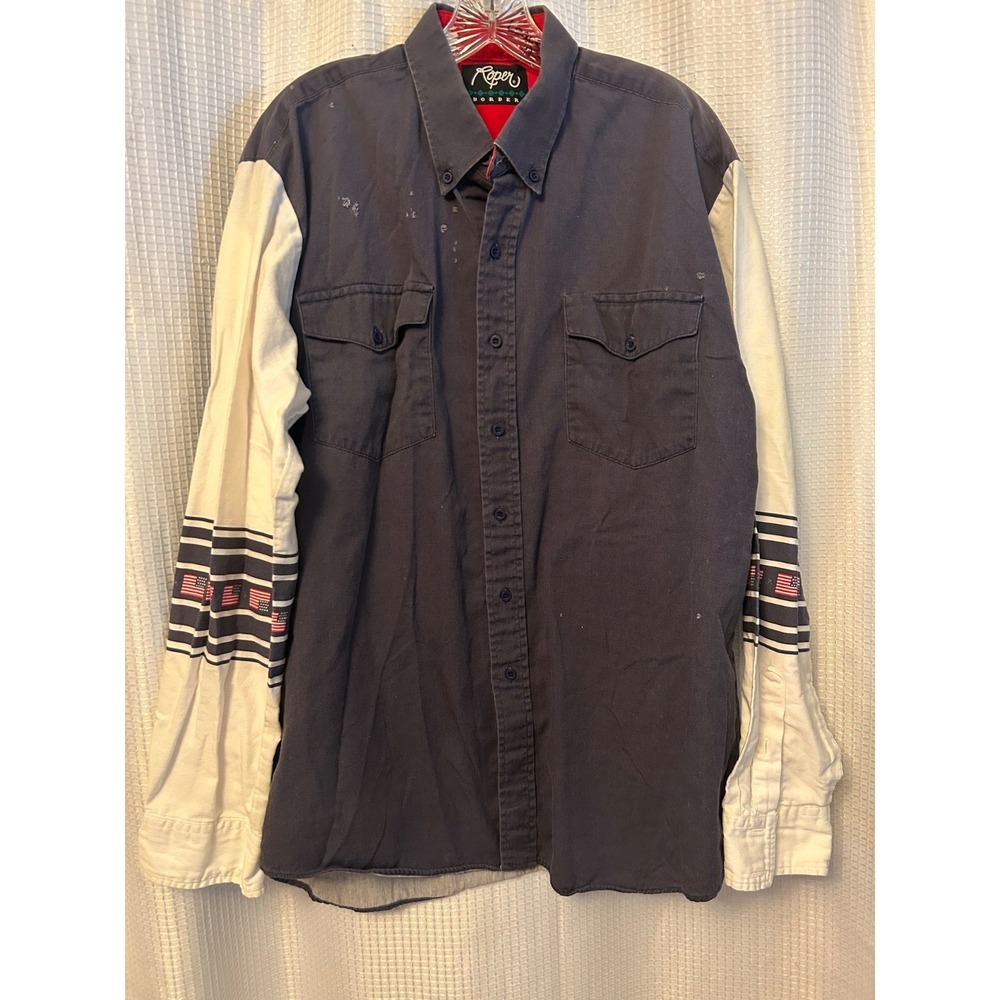 VTG 90s Roper Border XL Long Sleeve Western Shirt Blue White Flag USA Distressed